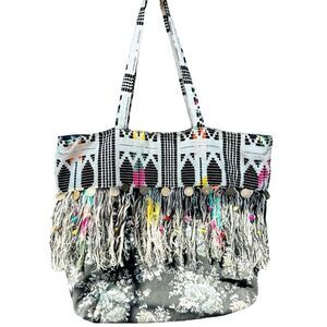 AMERICA & BEYOND Women's Cotton Floral Fringe Medallion Boho Tote Bag Black